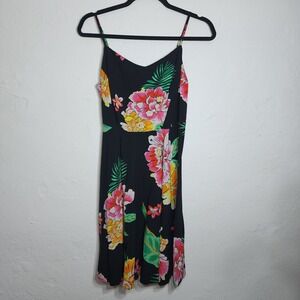 Floral Tropical Mini Dress Black Pink Yellow Fit Flare Smocked Back medium